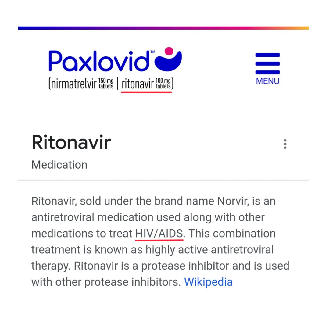 I'll ask the question once more...

Why is a repurposed HIV/AIDS drug being used to treat COVID?

Paxlovid = Ritonavir
Ritonavir = Norvir

→paxlovid.com
→en.m.wikipedia.org/wiki/Ritonavir

#Plandemic #AIDS #HIV