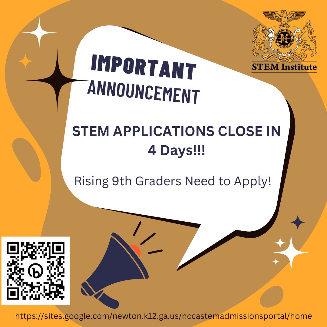 Attention!  Only 4 more days until the STEM Application window closes.  All rising 9th graders interested need to apply ASAP! <a href="/VMMS_Generals/">Veterans Memorial MS</a> <a href="/NCCA_STEM/">NCCA STEM Institute</a> <a href="/NewtonCoSchools/">NCSS</a> <a href="/NCCA_Covington/">NCCA</a> <a href="/CEO_NCCA/">Chad Walker</a> <a href="/NCTS09/">Newton County STEAM Academy</a> <a href="/ClementsMiddle/">CLMS</a> <a href="/LibertyMiddle/">Liberty Middle</a> <a href="/CousinsMiddle/">Cousins MiddleSchool</a> <a href="/indiancreekmid/">Paul the Panther</a>