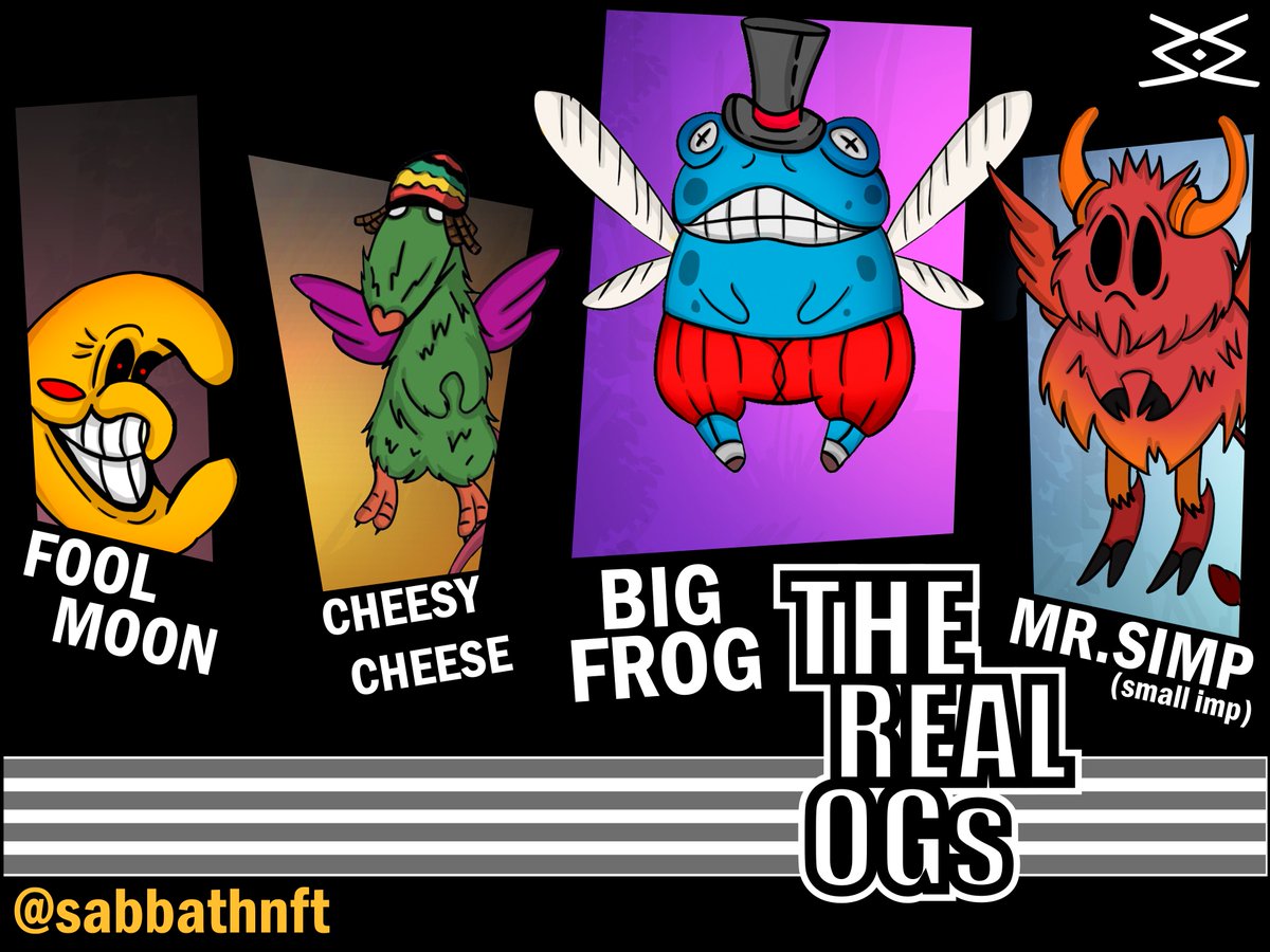🔮🧙‍♀️ Meet the OGs of the #WickedWitches familiars - Fool Moon, Cheesy Cheese, Big Frog, and Mr. Simp! Join our Discord and be part of the real OGs community. Don't miss your chance to claim exclusive perks and a special OG role.  🌕🧀🐸👹

#NFTCommunity #nftarti̇sts