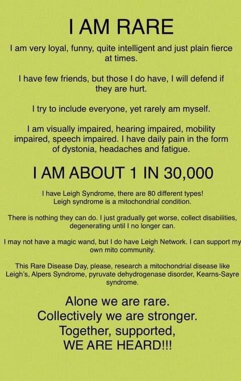 #RareDeseaseDay  #LeighsSyndrome #dystonia #mitochondrialdisease alone we are rare, collectively we are stronger, together supported we are heard 💪🏽