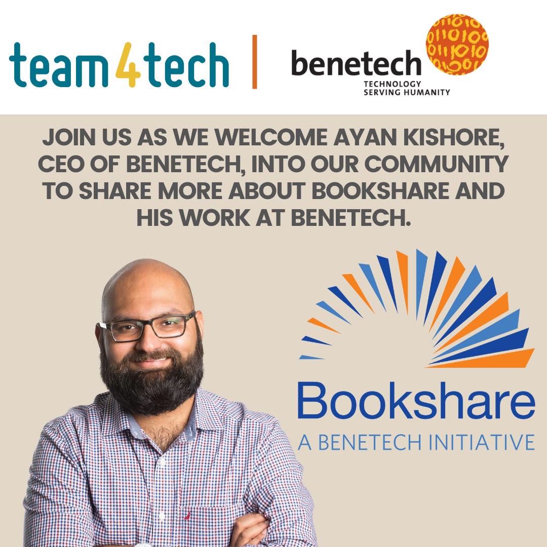 Bookshare's tweet image. @Benetech and Bookshare would like to thank @Team4Tech for including Benetech CEO, @ayankishore, in today’s conversation to talk about Bookshare and the work we are doing to create literacy for all!

#team4tech #bookshare #benetech #socialgood #a11y #assistivetech