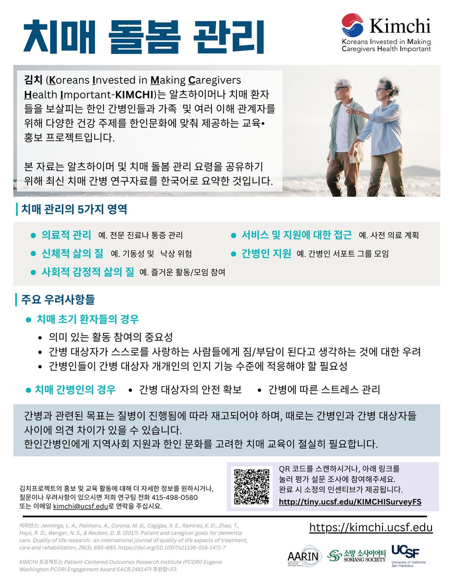 미주 한인을 위한 건강 연구 안내지를 읽어 보세요! 알츠하이머 및 치매 돌봄 관리에 대한 최신 연구 정보가 포함되어 있습니다. (1) 뇌건강과 (2) 치매 돌봄 관리 연구자료안내지를 읽은 후 간단한 설문 조사에 참여하여 귀하의 의견을 알려주십시오! tiny.ucsf.edu/KIMCHISurveyFS
