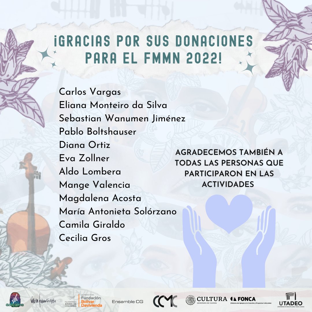 festivalmmn's tweet photo. 💜¡Gracias!💜
No queríamos dejar pasar la oportunidad de agradecerle a las personas que hicieron una donación al FMMN 2022, su aporte fue muy significativo y nos ayudaron a sacar adelante las actividades propuestas.
🌟¡Nos preparamos para recibir la edición del FMMN2023!🌟
#FMMN https://t.co/zItLDHlRo1