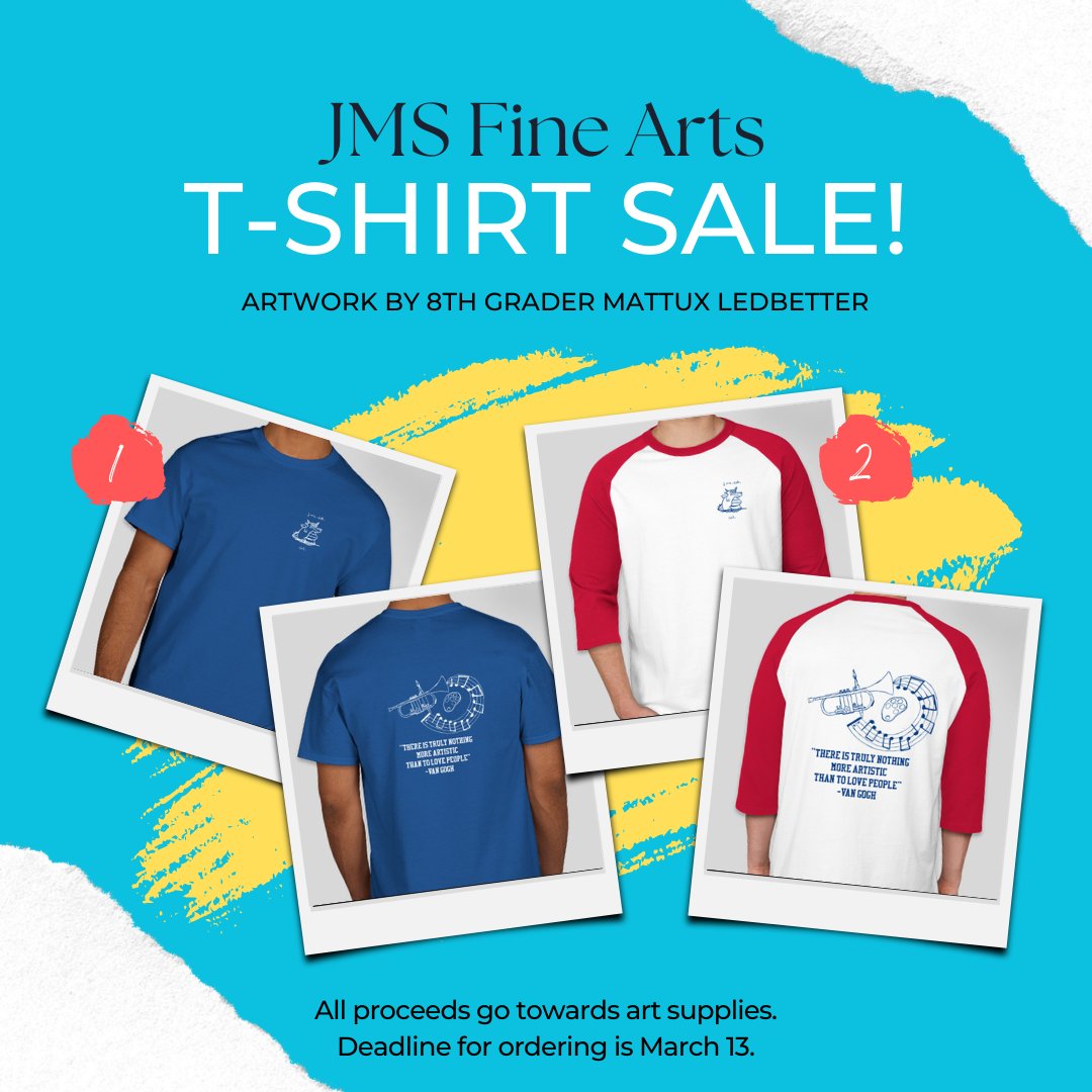 Our annual Fine Arts Shirt is LIVE! This year's artwork is by 8th grader Mattux Ledbetter. All proceeds go towards art supplies - thank you for supporting the arts!  #jmsdragons #artfundraiser
Order by March 13: bit.ly/3Z7JEYF