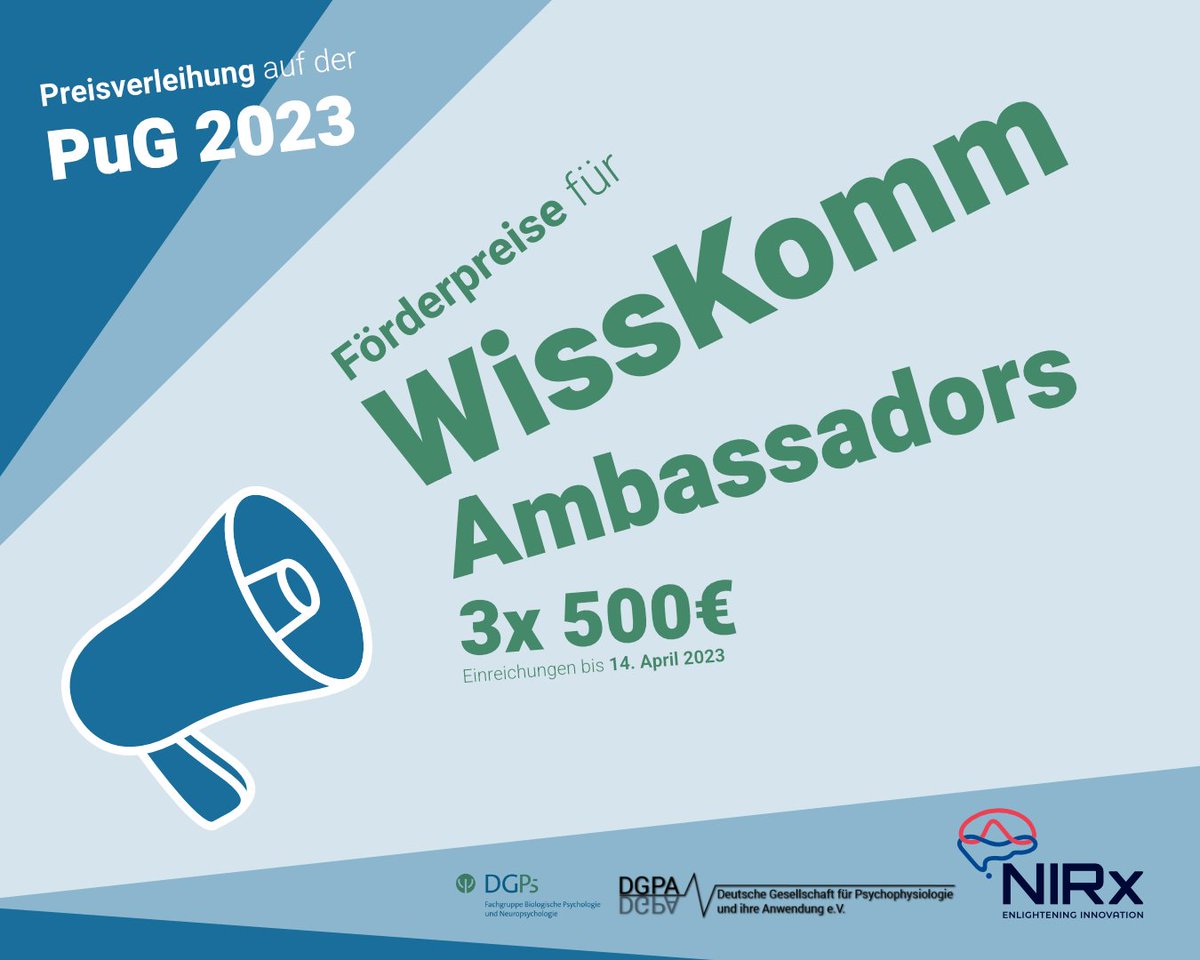 NeuroBarbara's tweet image. Bewerbt euch jetzt für einen von drei #WissKomm Preisen 🏆🏆🏆und stellt eure Projekte auf der Preisverleihung der @PuG2023 vor! Wir danken @NIRx_NIRS für das Sponsoring und den Juror*innen @christine_blume @JanCrusius @JasminaDaria @christianeattig