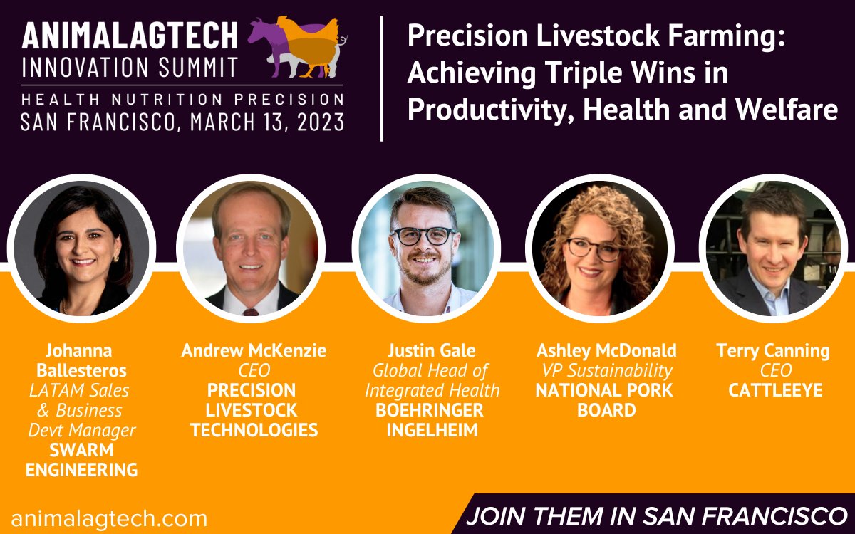Will you be joining the Precision Livestock Farming panel at #AnimalAgTech? Five experts <a href="/SWARMeng/">SWARM Engineering</a> <a href="/Boehringer_AH/">Boehringer Ingelheim</a> <a href="/NationalPork/">NationalPork</a> @CattleEye <a href="/PLT_livestock/">precisionlivestocktech</a> will discuss how to achieve the triple wins in productivity, health and welfare for farmers: lnkd.in/eFhKd9YD