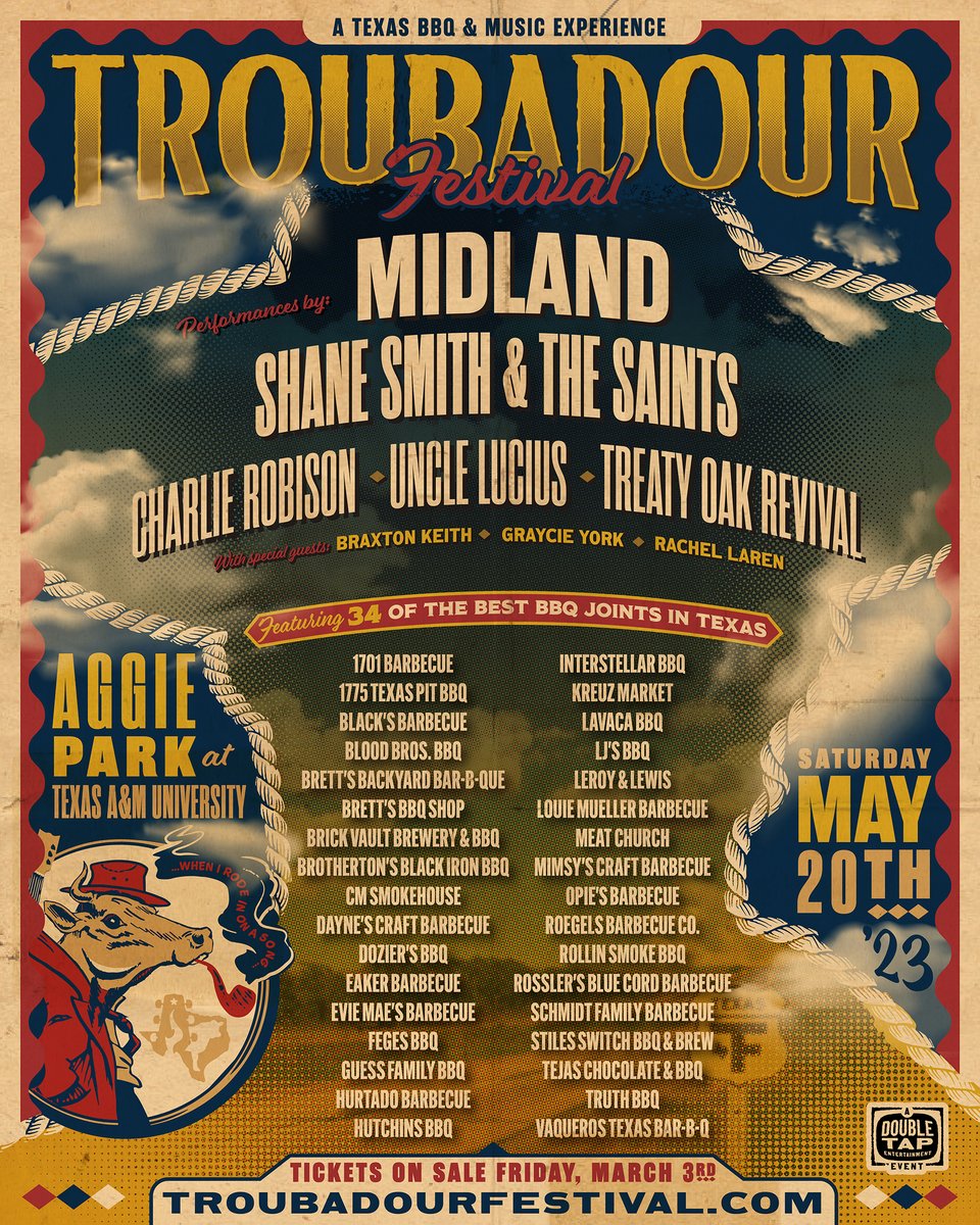 Texas, we're bringin' the heat to @troubadour_fest this May 20 at Aggie Park. BBQ, beers, and 21st Century American Honky Tonk music. Tickets go on sale Friday 3/3 @ 10a local time. Head over to troubadourfestival.com for presale info. Cheers 🍻