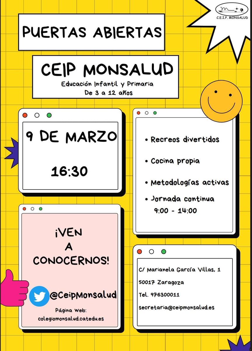 🔊 Jornada de puertas abiertas 🔊 🗓️ Jueves 9 de marzo 🕰️ 16:30 📍 C/Marianela García Villas, 1 Ven a conocernos ¡te esperamos! #puertasabiertas #infantil #escolarización23 #zaragoza