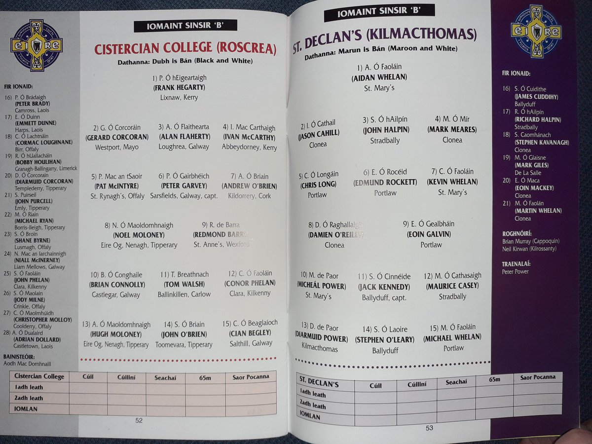 All Ireland colleges hurling finals 2000. st.flannans v st Kierans in the A final. cistercian college roscrea v st.declans kilmacthomas in the B final