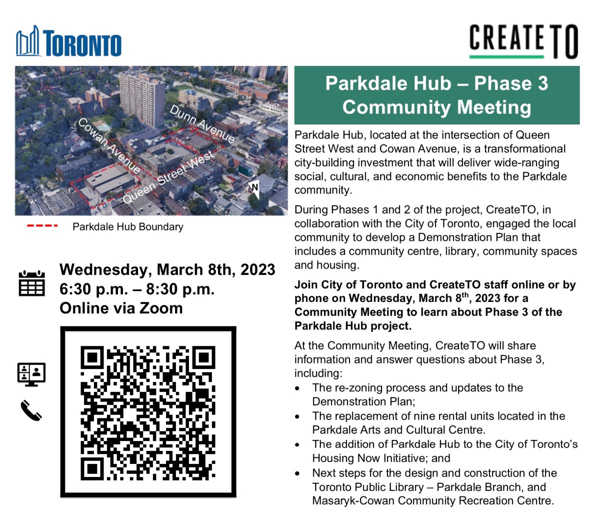 CreateTO Parkdale Hub Phase 3 Virtual Meeting – Mar. 8 - *|parkdale.to/2023/02/26/cre…|*