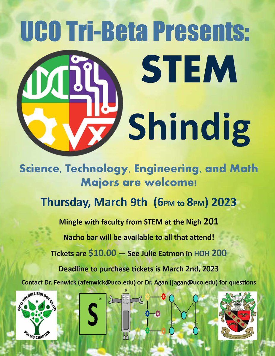 UCOBiology's tweet photo. Come to the STEM Shindig that @ucotribetabiology is hosting! There will be a NACHO bar, need I say more?
Tickets are $10, if money is an issue come by the Bio Dept office in HOH 200 & talk with Julie. #tribeta #betabetabeta #STEM #science #technology #engineering #math #shindig https://t.co/ZwejR2OHpw