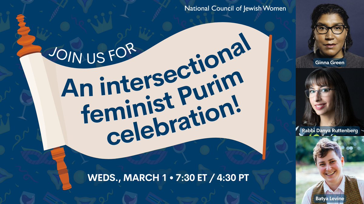 It’s time to honor the women both at the centers and the margins of the Purim story! ⏰

Catch our intersectional feminist Purim celebration with @TheRaDR, @ginnagreen, and Batya Levine, TOMORROW at 7:30pm ET / 4:30pm PT on Zoom.

Register at ncjw.org/purim