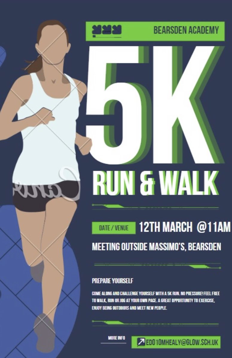 Calling all #Parents #YoungPeople and #Friends of <a href="/BearsdenAcademy/">Bearsden Academy</a> Community Run #5K at 11am on Sun 12th March. More details in your email. A great opportunity to meet new people with the added bonus of #Exercise #FreshAir #PositiveMentalHealth 👟🏃‍♂️🏃‍♀️