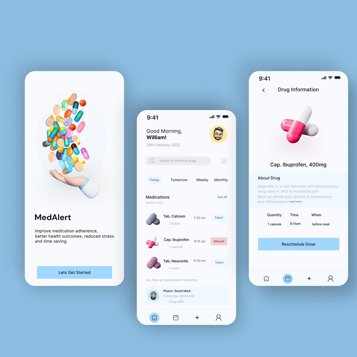mx_debbiee's tweet photo. I designed an application called #MedAlert which includes the list of all the medications prescribed to the user, including the name, dosage, and frequency.
Also allow users set up reminders for each medication they are taking.
#uidesign #productdesign #uiux https://t.co/scRYiwpBs8