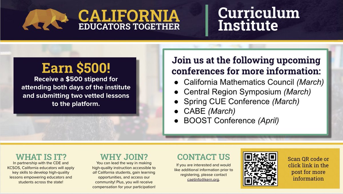 Learn more about our Curriculum Institute by joining us at these upcoming conferences or contact us at caetinfo@kern.org 
We hope to see you there! 
#TEACHers #california #teach #educators #Californiateachers