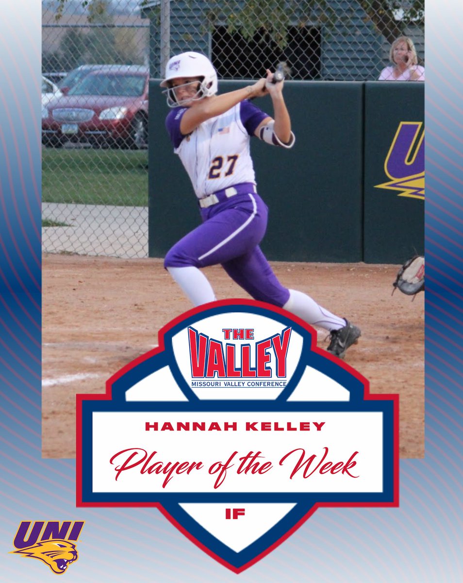 Player of the Week ⫸Hannah Kelley, <a href="/UNISoftball/">UNI Softball</a>

▪️Kelley leads UNI in batting average &amp; is now nationally ranked
▪️In her 16 at-bats, she slashed .500/.529/.750 with 8 hits, 3 RBIs, and 1 home run to lead UNI in plate appearances. 

Great Southern Bank | #TheValleyRunsDeep