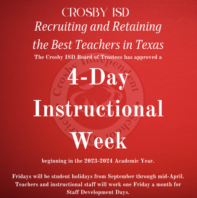 CrosbyISD's tweet photo. The Crosby ISD Board of Trustees has approved the 2023-2024 Academic Calendar, which includes a shift to a 4-Day Instructional Week.
https://t.co/Auecv6e8kG
#BetterTogether https://t.co/wJTEDTT81Y