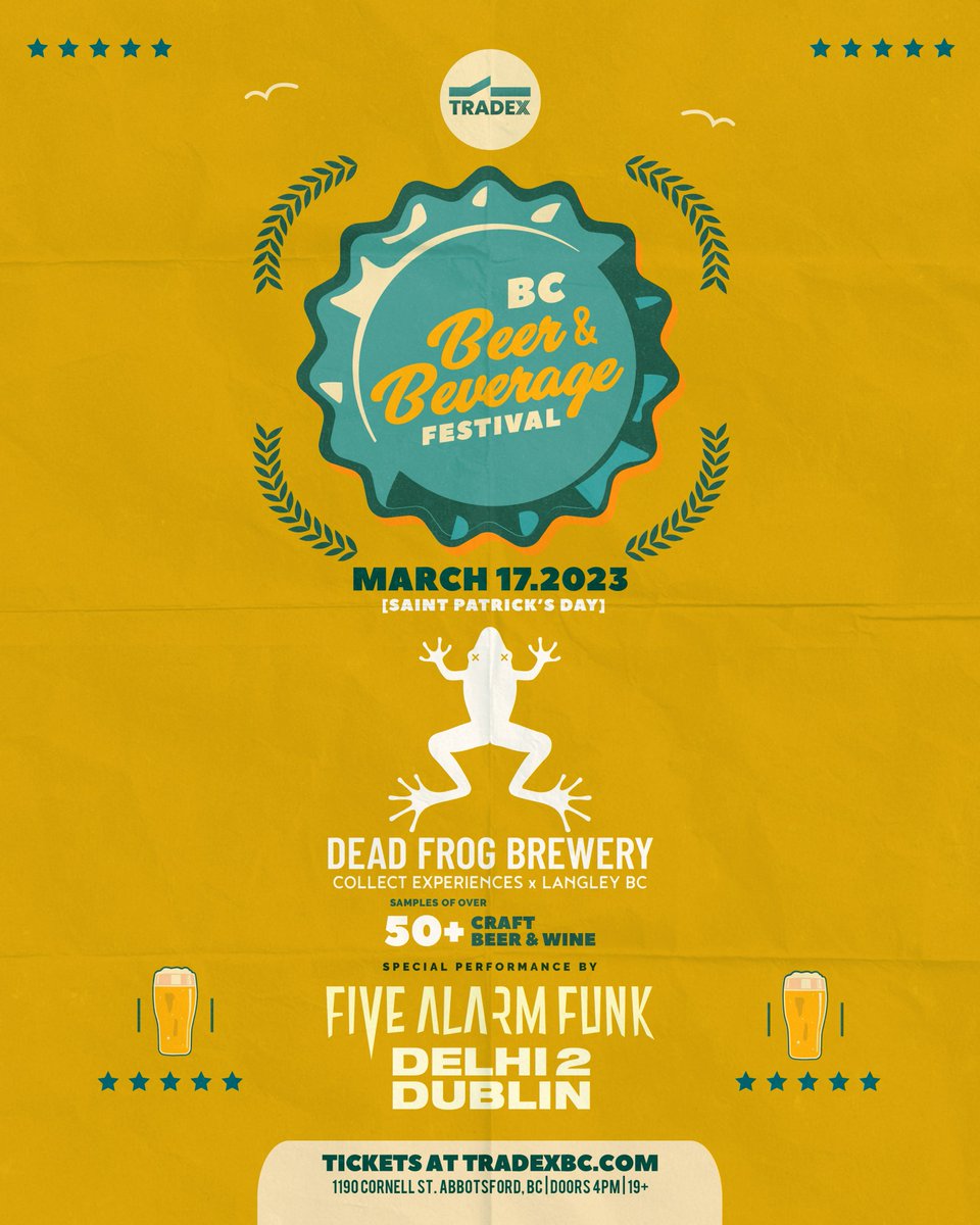 DeadFrogBrewery's tweet photo. 🍺GIVEAWAY☘️

WIN 2 TICKETS TO THE BC BEER &amp; BEVERAGE FESTIVAL MARCH 17

YES, ST. PATRICK’S DAY!☘️

HERE’S HOW TO ENTER: 
🍺Follow @deadfrogbrewery
🍺Like &amp; Retweet this post
🍺Bonus: Enter on our IG &amp; FB posts

*Contest closes March 8. 
*Winner announced March 9.

Goodluck!🍺☘️ https://t.co/ihQdEDFHsm