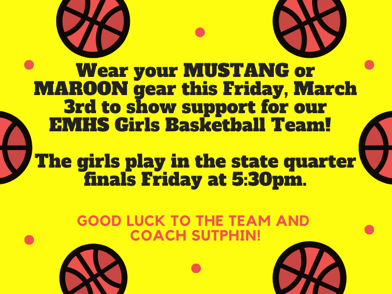 EMES Students, Faculty, and Staff- help support our Lady Mustangs! 

Girls, we are cheering you on!  

Special shout out to our very own Coach (Mrs.) Sutphin.
