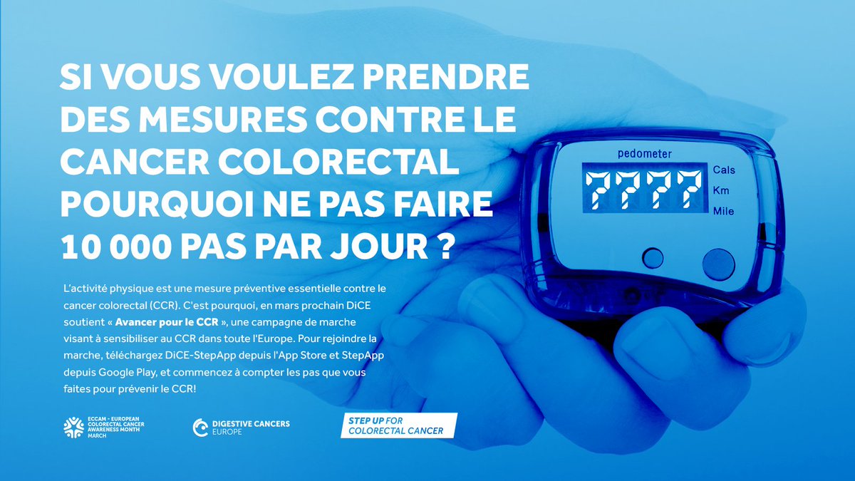 reseauKcolorect's tweet image. Êtes-vous prêt à vous mobiliser pour le cancer colorectal ? La campagne #ECCAM2023 commence demain, nous comptons sur vous ! Téléchargez l&apos;application StepApp et ajoutez vos pas quotidiens au décompte total des marcheurs. #StepUpforCRC 
 eccam2023.digestivecancers.eu