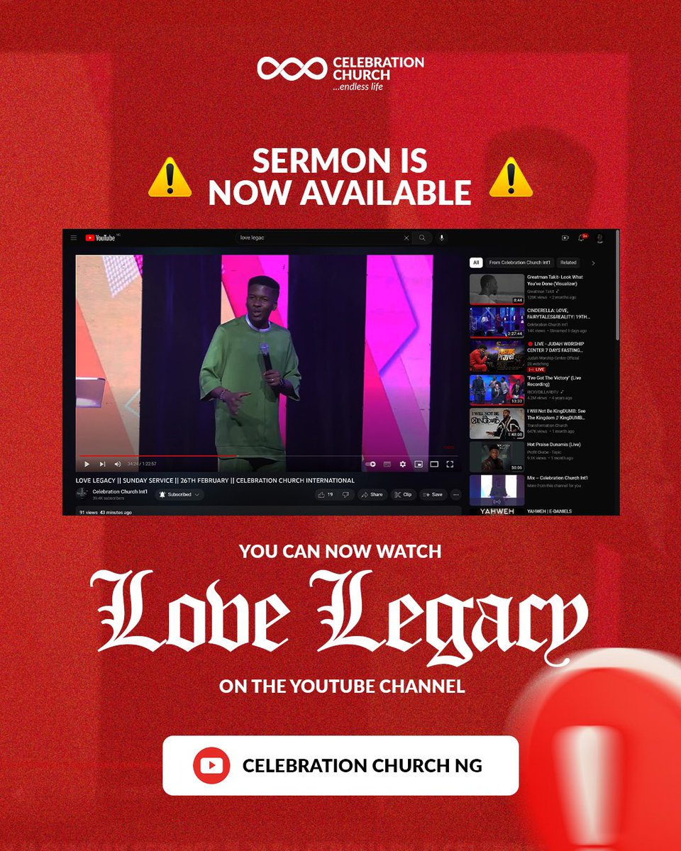cci__global's tweet image. IMPORTANT ANNOUNCEMENT 📢 📢 📢 

You can now catch up on Sunday&apos;s sermon &quot;Love Legacy&quot; by Apostle Emmanuel Iren on our YouTube Channel: Celebration Church Int&apos;l.

 #Solidfaith #lovelegacy #lovecode