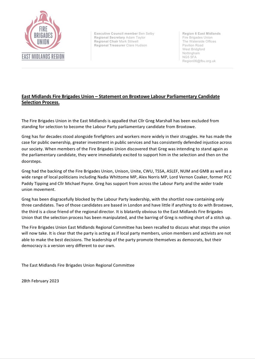FBUEastMidlands's tweet image. 🚨🚨 Statement on the @broxtowelabour candidate selection process. @Greg4Broxtowe has been a solid friend of the FBU and by far the person that was unequivocally supported by those right across the Labour and Trade union movement in Nottingham and the wider East Midlands.