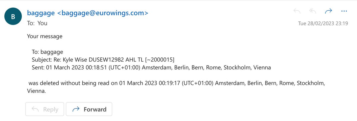 Well <a href="/eurowings/">Eurowings</a> that's interesting. After declaring a total loss of my bag, you are now automatically deleting e-mails sent to your address without reading them. Care to explain? I have sent numerous e-mails to it, including my compensation claim, what next? #8MonthsLater #Joke