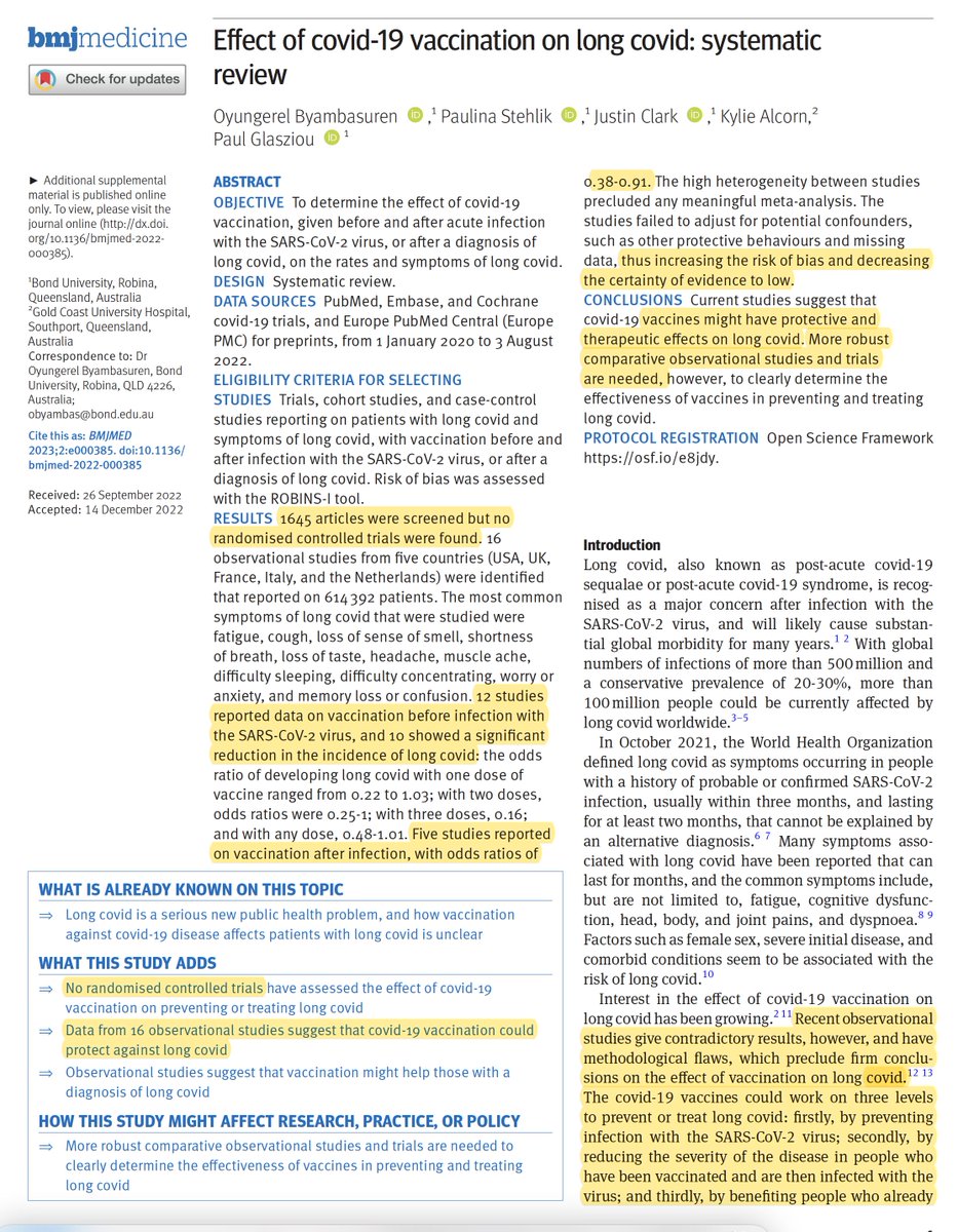 Just published: 2 papers @bmj_latest @BMJMedicine 
A new study and a systematic review
The up-to-date body of evidence that supports Covid vaccination reduces the likelihood, severity, and duration of #LongCovid 
bmjmedicine.bmj.com/content/2/1/e0…
bmjmedicine.bmj.com/content/2/1/e0…