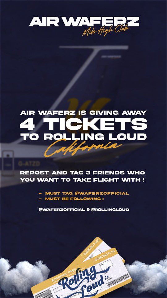 waferzofficial's tweet photo. We’ve reached 10,000 ft, so it’s time for a giveaway! As always, thank you for flying Air Waferz ✈️ @RollingLoud https://t.co/uBfMo0IHqp