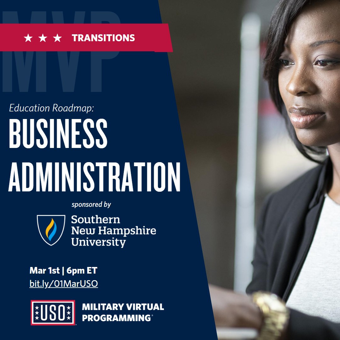 Curious about the business career landscape? Join the USO and Southern New Hampshire University (SNHU) experts for a great discussion about key skillsets and practical steps for finding success in business administration. 

Register: bit.ly/01MarUSO 
#USOTransitions
