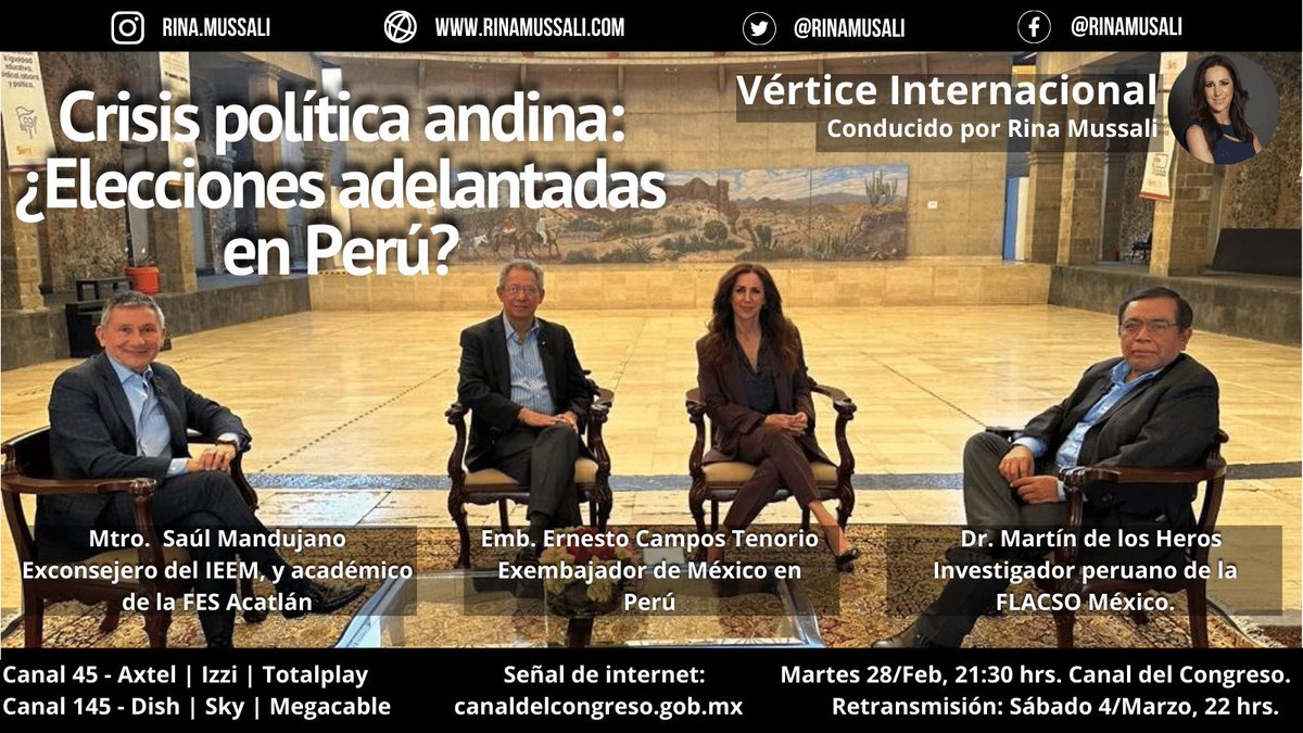 No se pierdan hoy *Vértice Internacional*! Analizamos la *crisis política en Perú*, los desafíos de *Dina Boluarte* y las *fricciones diplomáticas recientes entre nuestros países*. Agradezco al *Centro Cultural del México Contemporáneo* por habernos permitido grabar