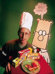 theserfstv's tweet image. Before being known as being the most racist cartoonist since Hitler learnt to draw, Dilbert's Scott Adams was obsessed with revolutionizing food. 

His flagship product was the Dilberito which was a low end frozen burrito with crushed vitamins inside. 

It was a complete failure