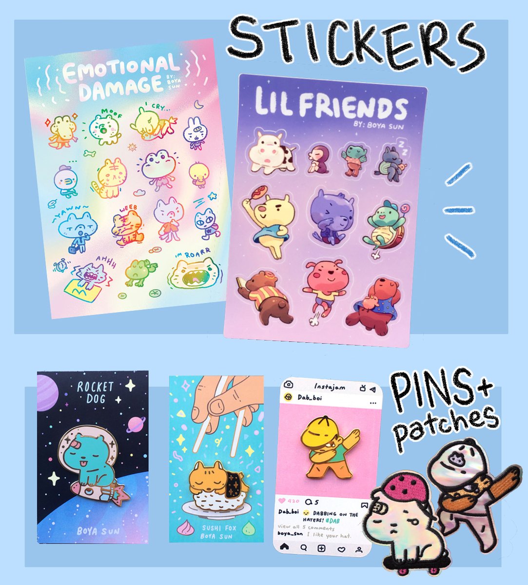 See y'all at #ECCC2023 this weekend!! I'll be sharing Table M-03 with <a href="/boyaboyasun/">Boya Sun</a> 🥳
NEW riso goodies including the long-awaited print version of our collab comedy zine, and awesome new riso fanart prints from Boya!! see y'all thereeee 💥💥