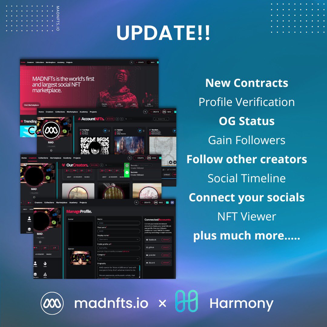 madnft_io's tweet image. 🚨 Attention #Harmony NFT community! 🚨 We&apos;ve updated the MAD NFT marketplace with huge social elements! Showcase your digital art like never before, connect with other artists and collectors, and monetize your work with ease!Check it out at madnfts.io. #MADNFTs #One
