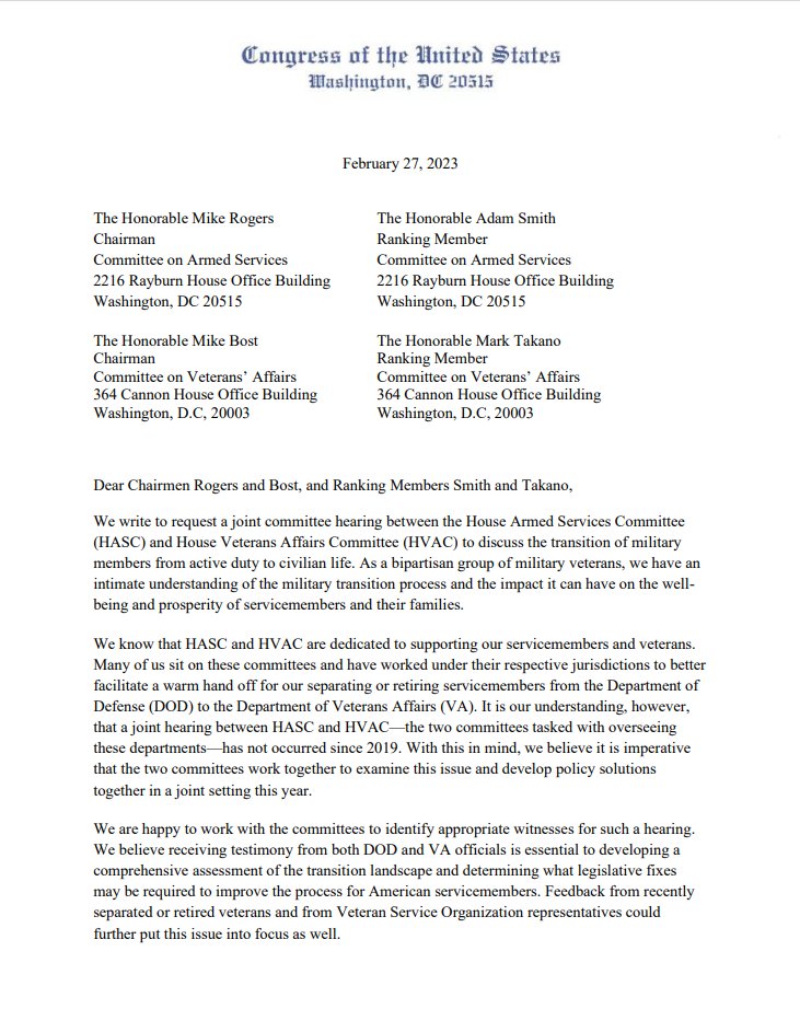 VFW_OfficeDC's tweet photo. In a letter supported by the VFW, the For Country Caucus, a bipartisan group of military veteran legislators, called on the House Armed Services and Veterans Affairs Committees to hold a joint hearing on servicemember transition to civilian life, not held since 2019. https://t.co/NBc1ewrVvh