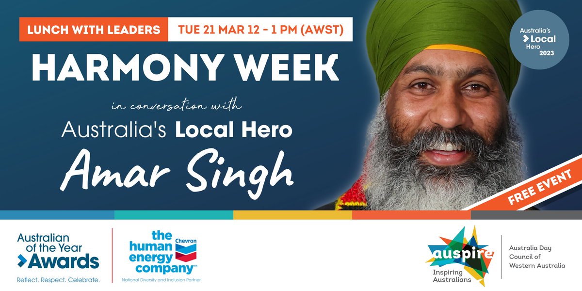 Join us for our next Lunch With Leaders to hear from @ausoftheyear Local Hero, Amar Singh, this #HarmonyWeek. Discover how Amar's charity @turbans4aus supports struggling Australians across the country. Register for free: LWLHarmony21mar23.eventbrite.com.au/?aff=twitter #WereAllPartOfTheStory