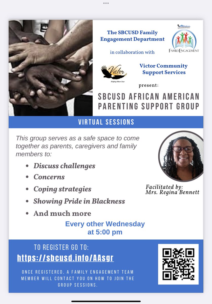 Join us tomorrow at our SBCUSD African American Parenting Support Group. This group meets every other Wednesday virtually. 

Register at: sbcusd.info/AAsgr