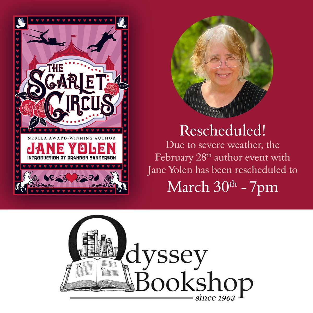 Heads up that the @odysseybks event with @JaneYolen tonight has been postponed to March 30 due to bad weather! odysseybks.com/event/jane-yol…