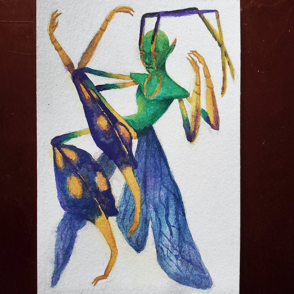 Time to repost this #faebruary piece for @cicada_kid at this stage
⁠
#fairy #insect #antennae #wings #tall #assassinbug #fancypants #characterdesign #fae #faerie #jump⁠
#watercolor #painting #card #gift #green #yellow #purple
