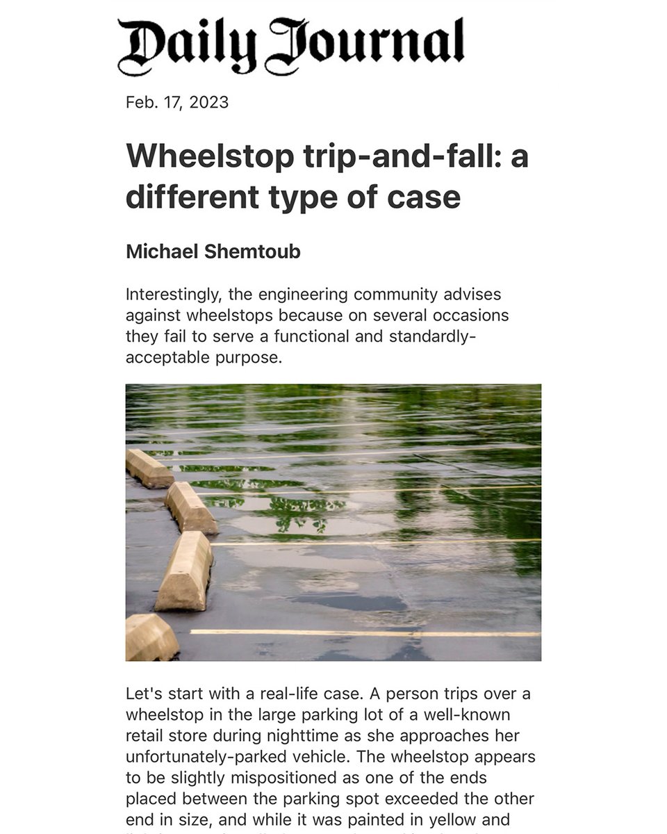 BeverlyLawFirm's tweet photo. Happy to announce Daily Journal has featured us again! Wheelstop trip-and-fall cases are unique. If you or someone you know has been injured from a wheelstop please contact us at ☎️ (877) 427-2752 for a FREE consultation.. #wheelstop #injury #tripandfall #personalinjury https://t.co/WHW0oS8luS