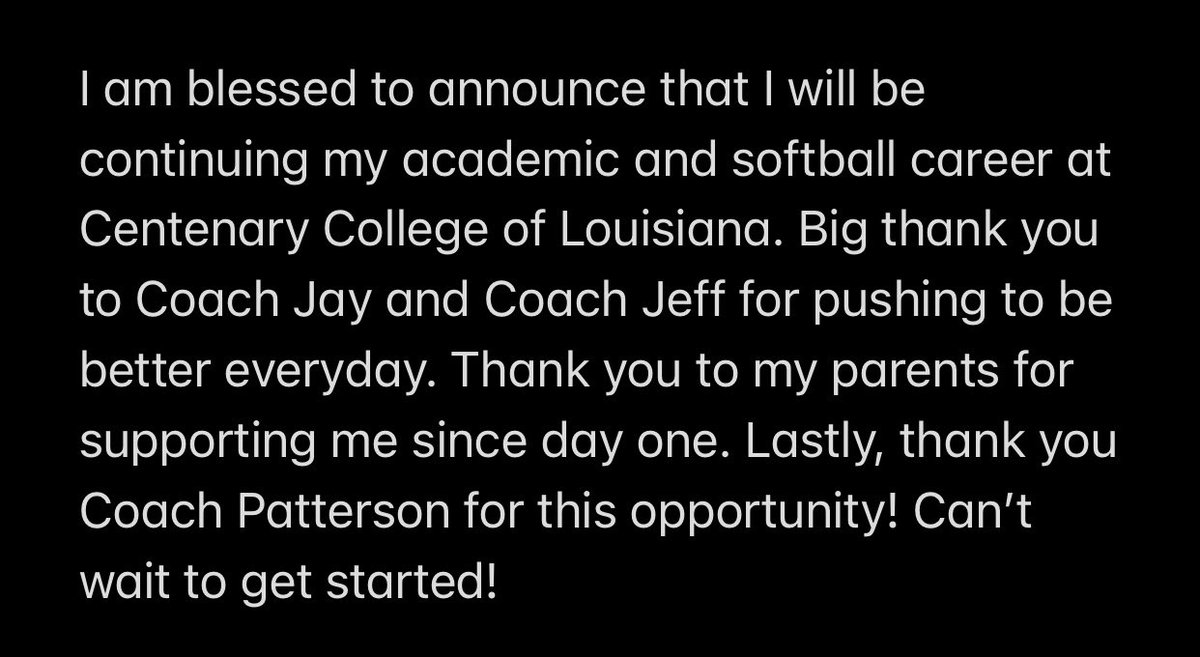 MandyHoback's tweet photo. Blessed and excited to announce my commitment to Centenary College of Louisiana! So grateful for this opportunity! @AMNTX18u @AMNTX18u_Jeff @LadiesSB https://t.co/H75KtUBZtW