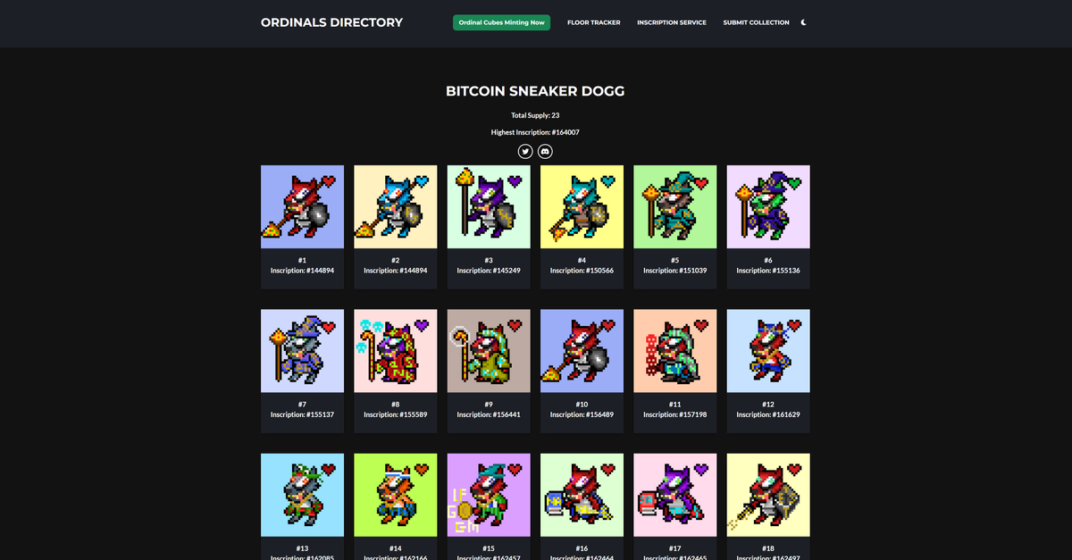 OrdDirectory's tweet photo. Bitcoin Sneaker Dogg (@plutoplutosawai) has been added to the Directory!

Total Supply: 23
Highest Inscription: #164007

https://t.co/faeOSLlNeW https://t.co/M4jUHHSbtu