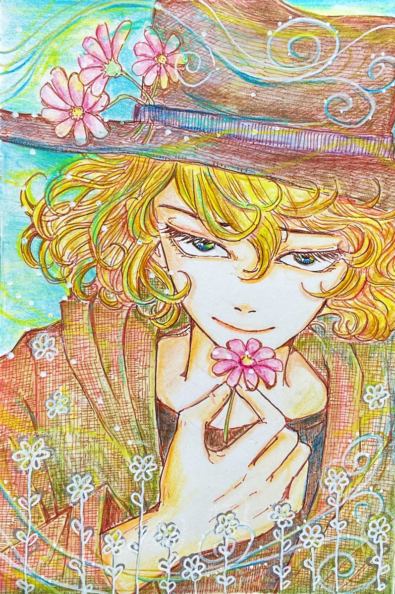 flower solo hat blonde hair smile holding holding flower  illustration images