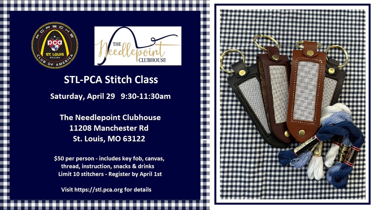 StLouisPCA's tweet photo. STL-PCA Stitch Class! We have great driving events and celebrate our members' many hobbies.  Join your fellow STLPCA stitchers on 4/29 at The Needlepoint Clubhouse.  Beginners welcome! Register:  https://t.co/77z8cpY5zK
#stlpca #needlepoint #hobbies #stitchclass #porsche #keyfob https://t.co/S7XT6YQc9D
