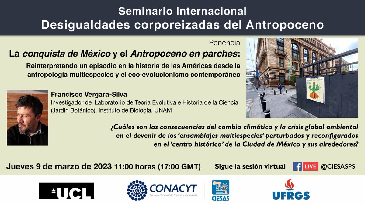 CEAScdmx's tweet image. La conquista de México y el Antropoceno en parches: Reinterpretando un episodio en la historia de las Américas desde la antropología multiespecies y el eco-evolucionismo contemporáneao - Seminario Internacional

Registro: ow.ly/JnCz50N06Vy