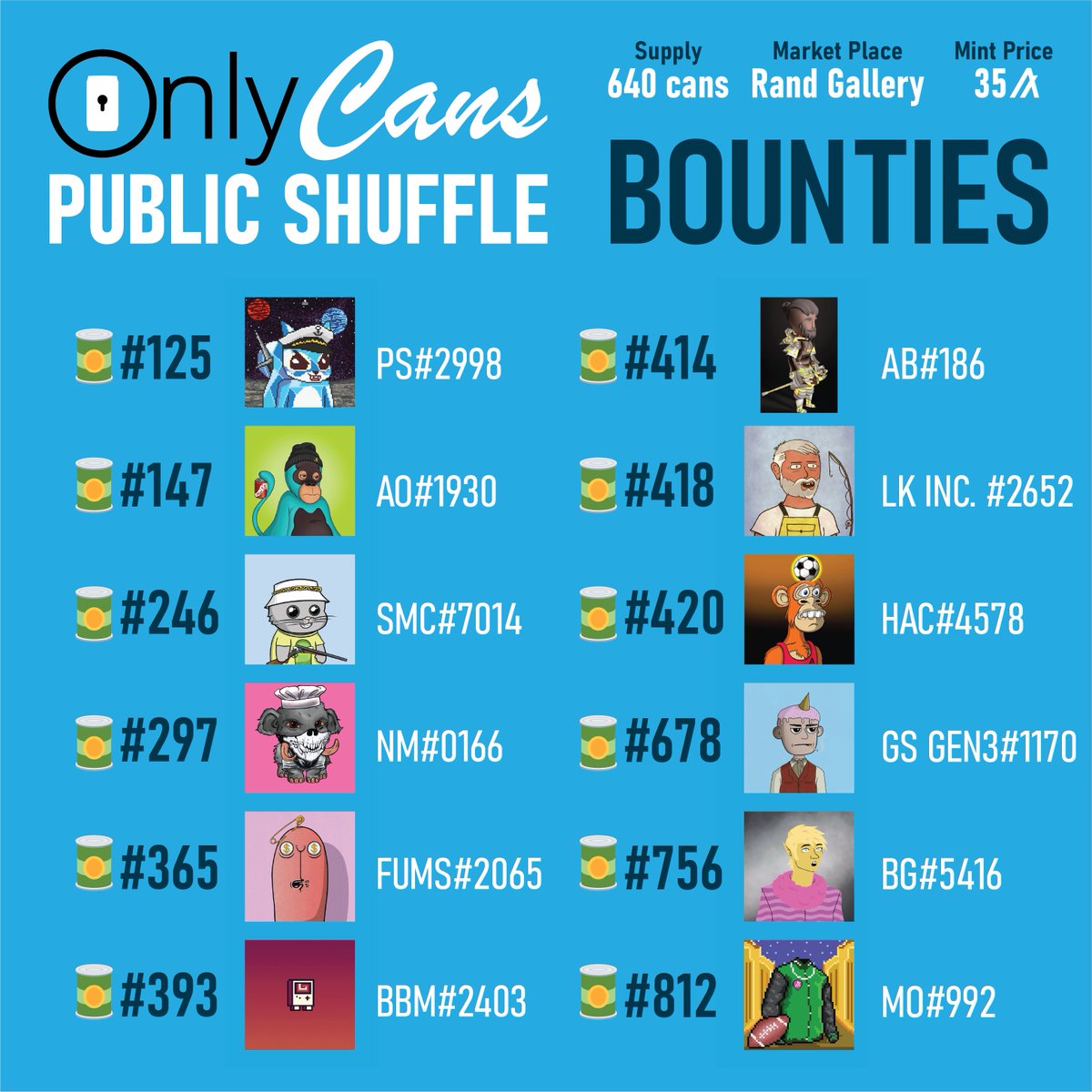 🥫🚨OC SHUFFLE = LIVE (AGAIN) #algofam!🚨🥫
With the help of the awesome team at <a href="/RandGallery/">Rand</a> the OnlyCans public shuffle is now up and running on their marketplace 🤩💙 Hit it up via the link below:
instantshuffle.com/shuffle/DqgID1…

#Algorand #AlgorandNFTs #AlgorandHasNFTs $ALGO