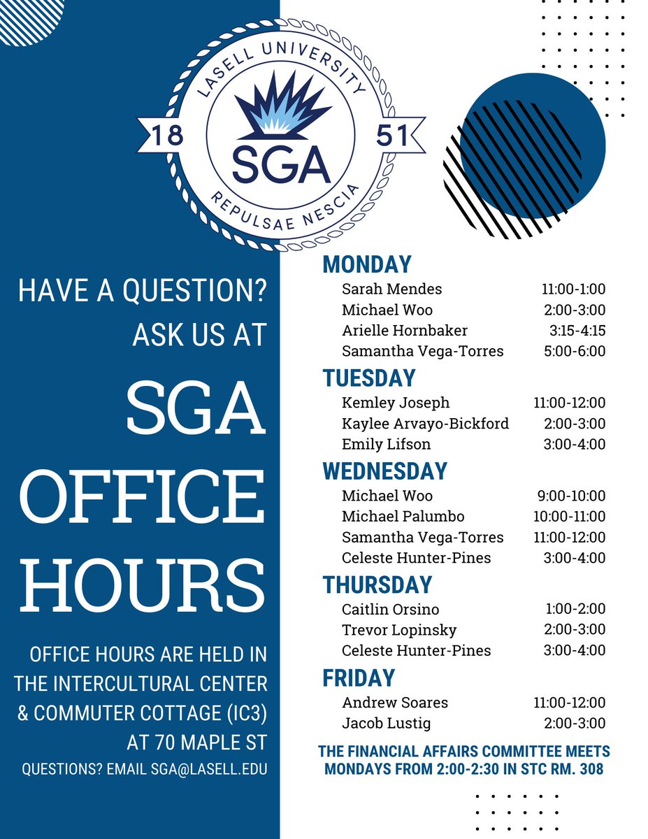 Have a question? Ask an #SGA officer during office hours in the Intercultural Center &amp; Commuter Cottage (IC3)! #studentgovernment #LasellUniversity #officehours