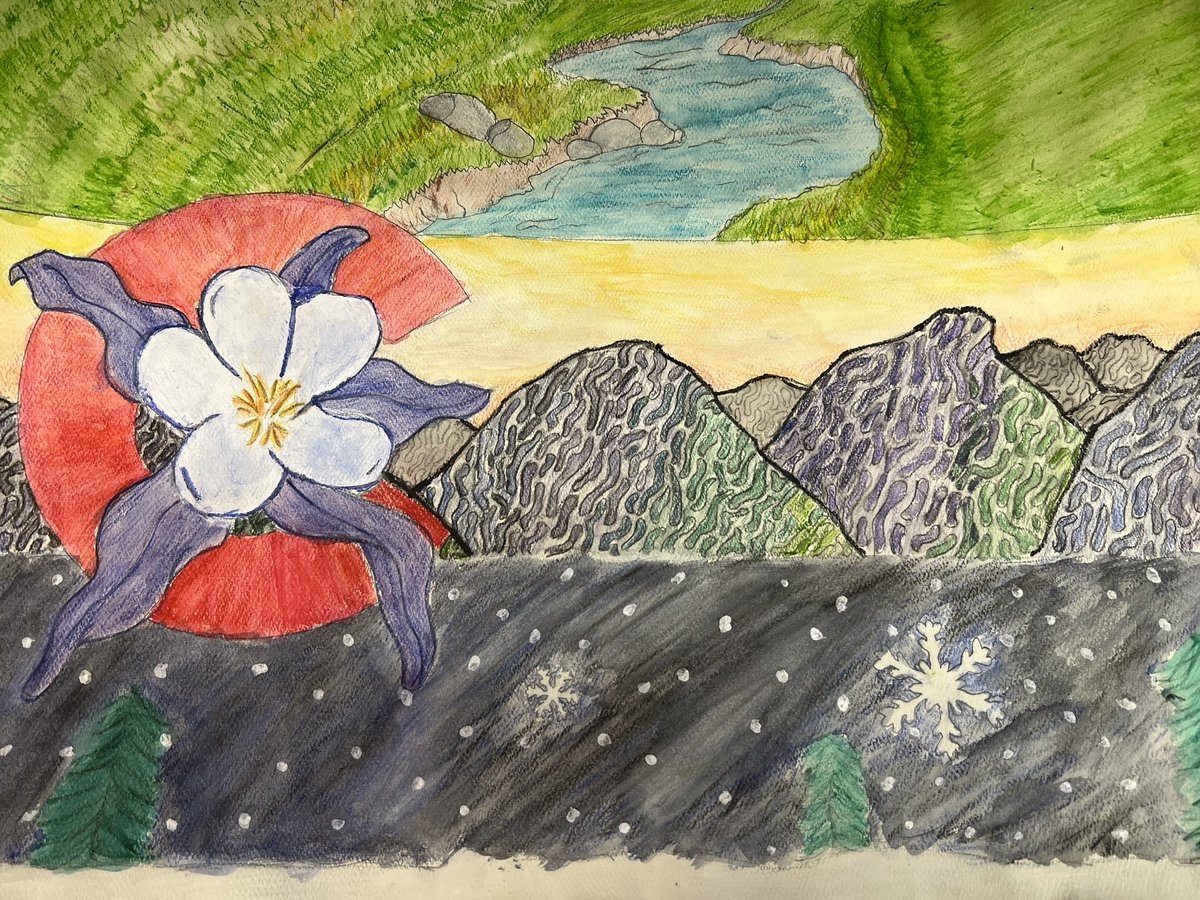 Art_nicholson's tweet photo. Environmental Art STEM students created watercolor colored pencil projects based on research they did about our state Colorado.  They found locations of interest and included items such as the state bird, flower and fish!  #SVVSDArt @WestviewSVVSD @ApWestview https://t.co/Dr8lykAcJW