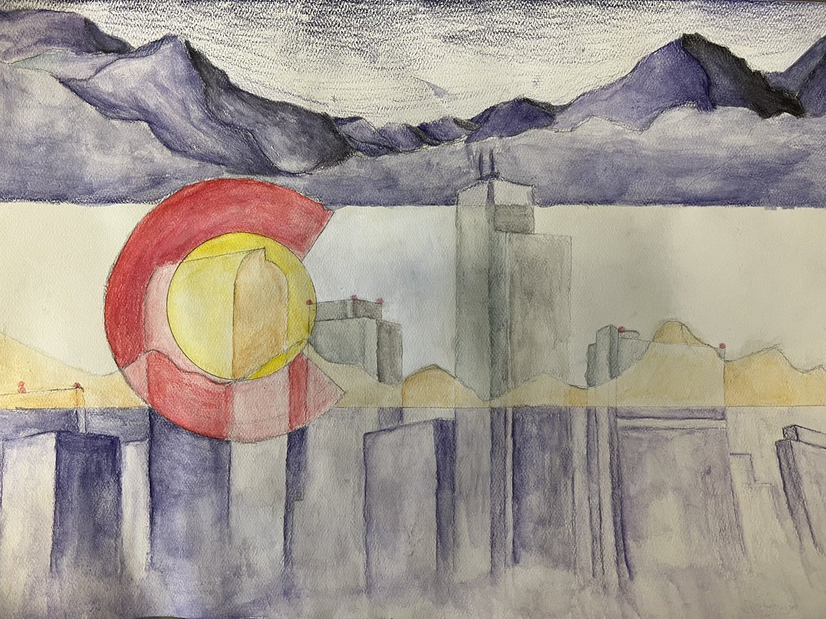 Art_nicholson's tweet photo. Environmental Art STEM students created watercolor colored pencil projects based on research they did about our state Colorado.  They found locations of interest and included items such as the state bird, flower and fish!  #SVVSDArt @WestviewSVVSD @ApWestview https://t.co/Dr8lykAcJW