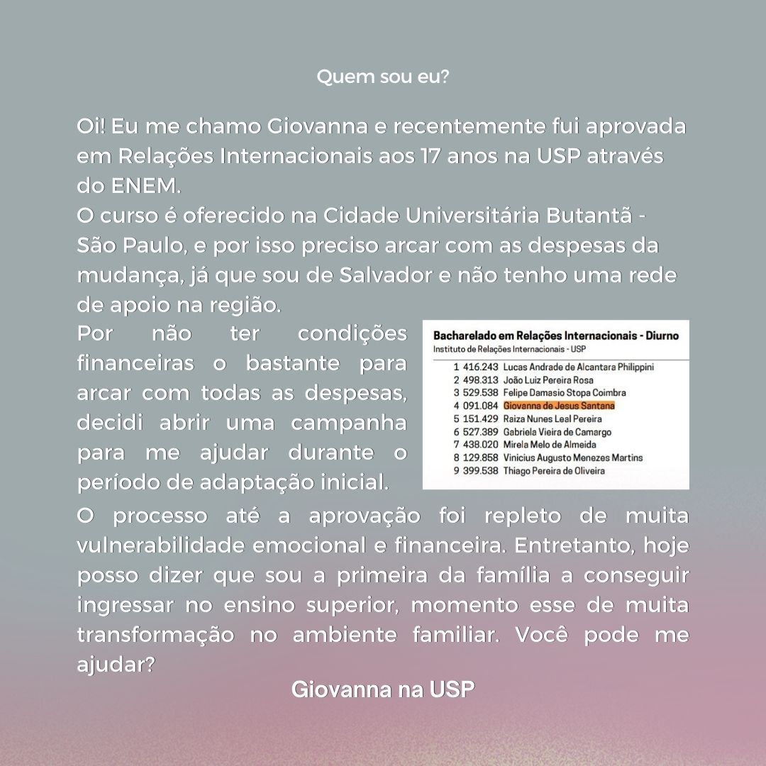 giodejes's tweet image. 🚨 URGENTE: ME AJUDE A ESTUDAR NA USP

Oi! Me chamo Giovanna e eu fui aprovada em R.I na USP, não tenho como arcar com as despesas iniciais e estou repostando a campanha das rifas que ficaram paradas. 
Preciso muito da ajuda de vocês! :)

[#studytwt #studytwtbr #collegetwt #sisu]